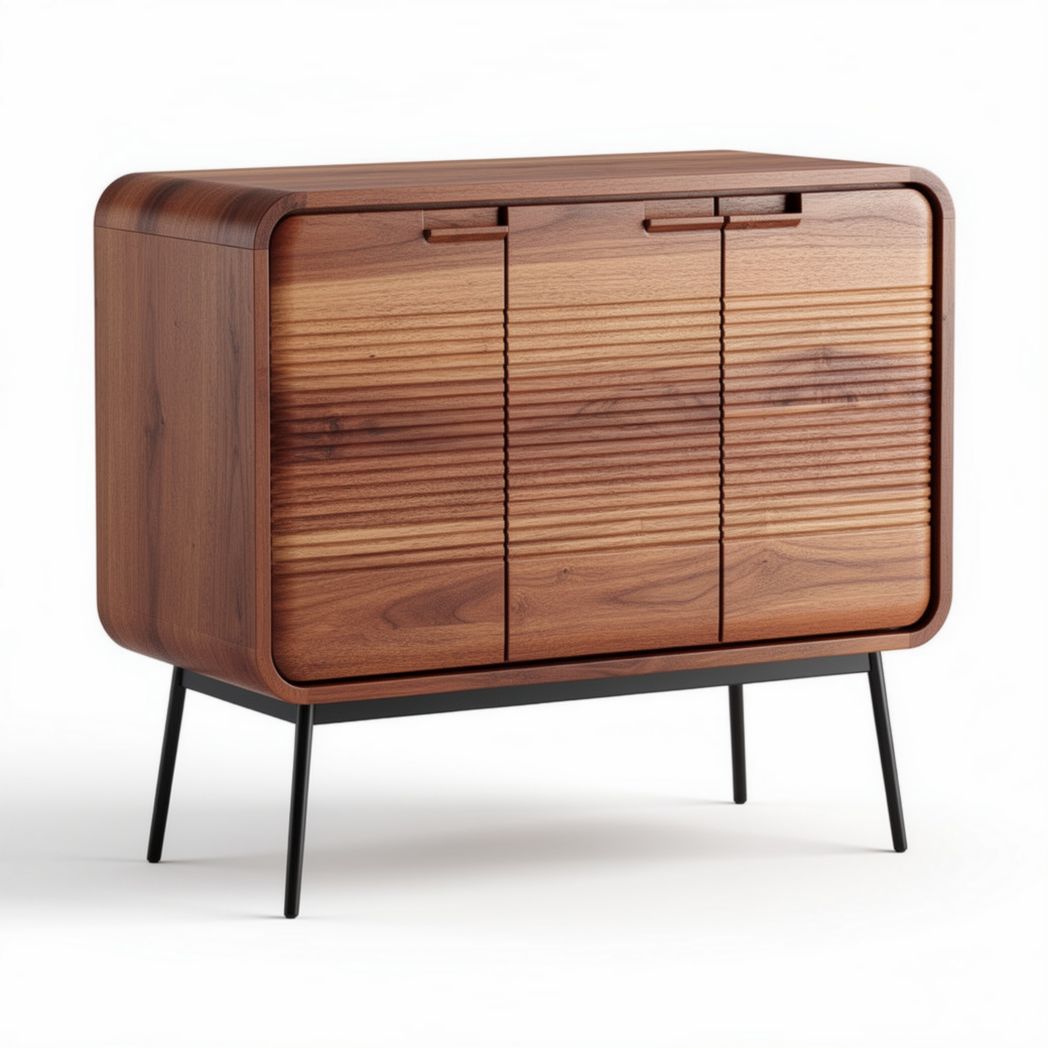 Buffet en bois nocé avec portes rainées et pieds en métal noir 120 x 40 x 80cm
