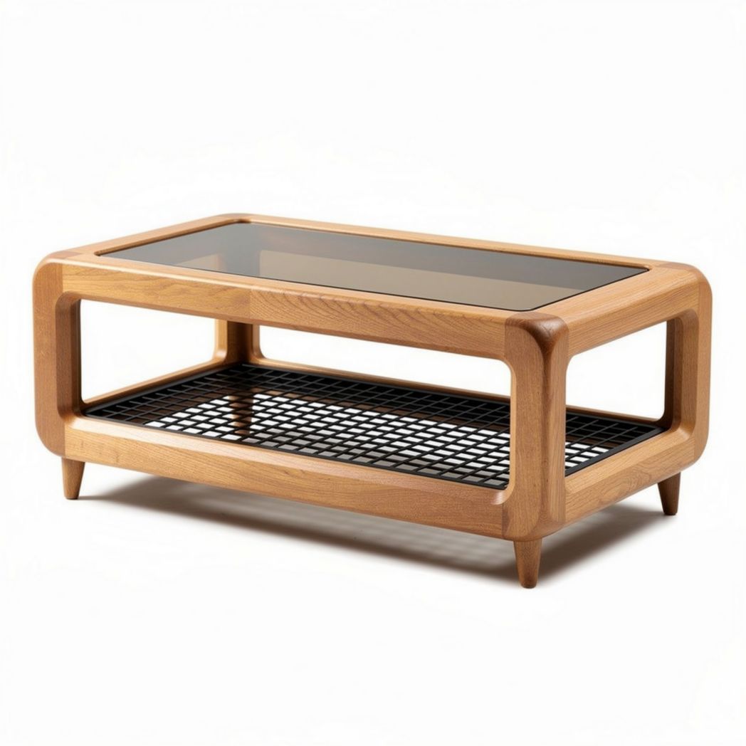 Table basse en bois clair avec plateau en verre et étagère en métal 100 x 60 x 40cm