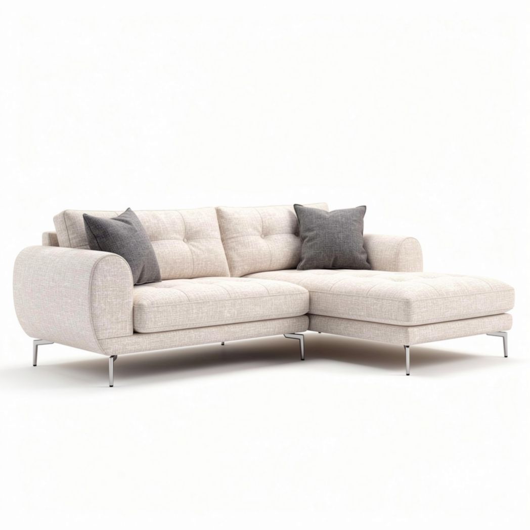 Canapé d'angle en tissu beige avec coussins décoratifs dimensions 230 x 100 x 85cm